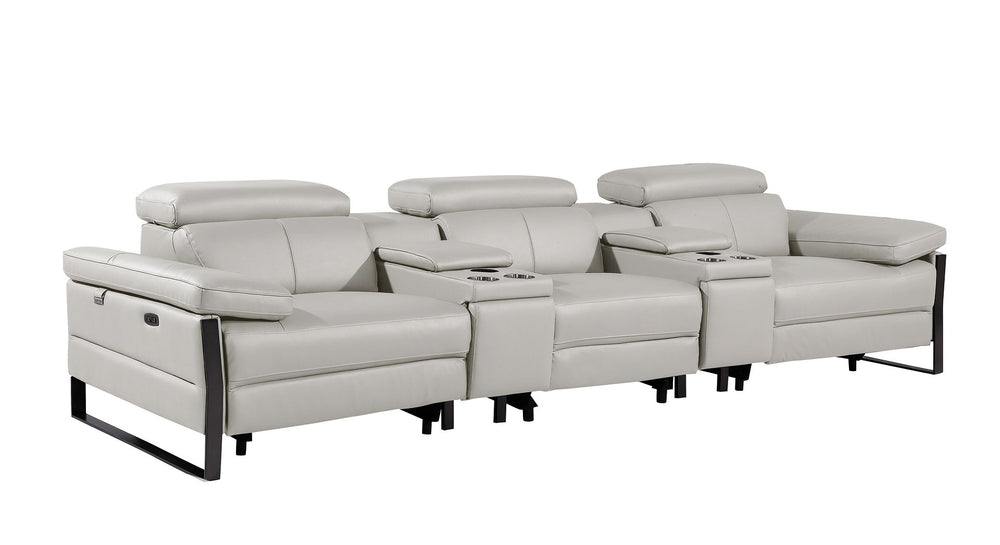 DivanItalia 1246 Modular Power Reclining Dual Console Sofa and Console Loveseat Set with Power Headrests – Top Grain Italian Leather - Light Gray