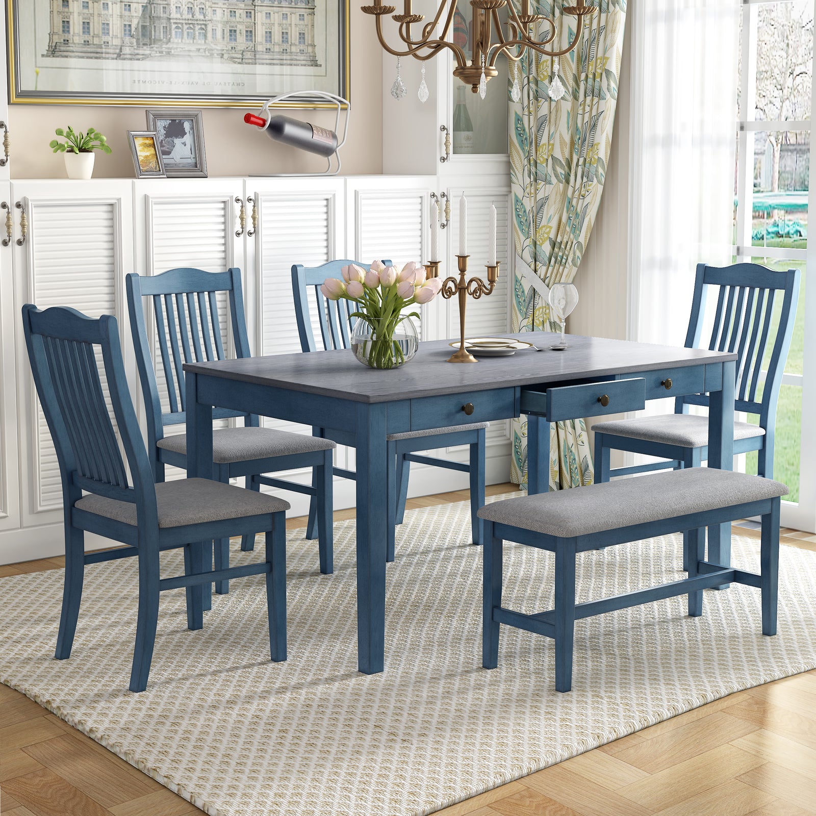 Compact 6-Piece Dining Set with 4 Chairs, Bench & Storage Drawer – Walnut & Buttermilk