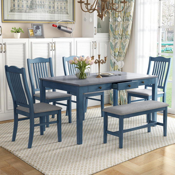 Compact 6-Piece Dining Set with 4 Chairs, Bench &amp; Storage Drawer – Walnut &amp; Buttermilk