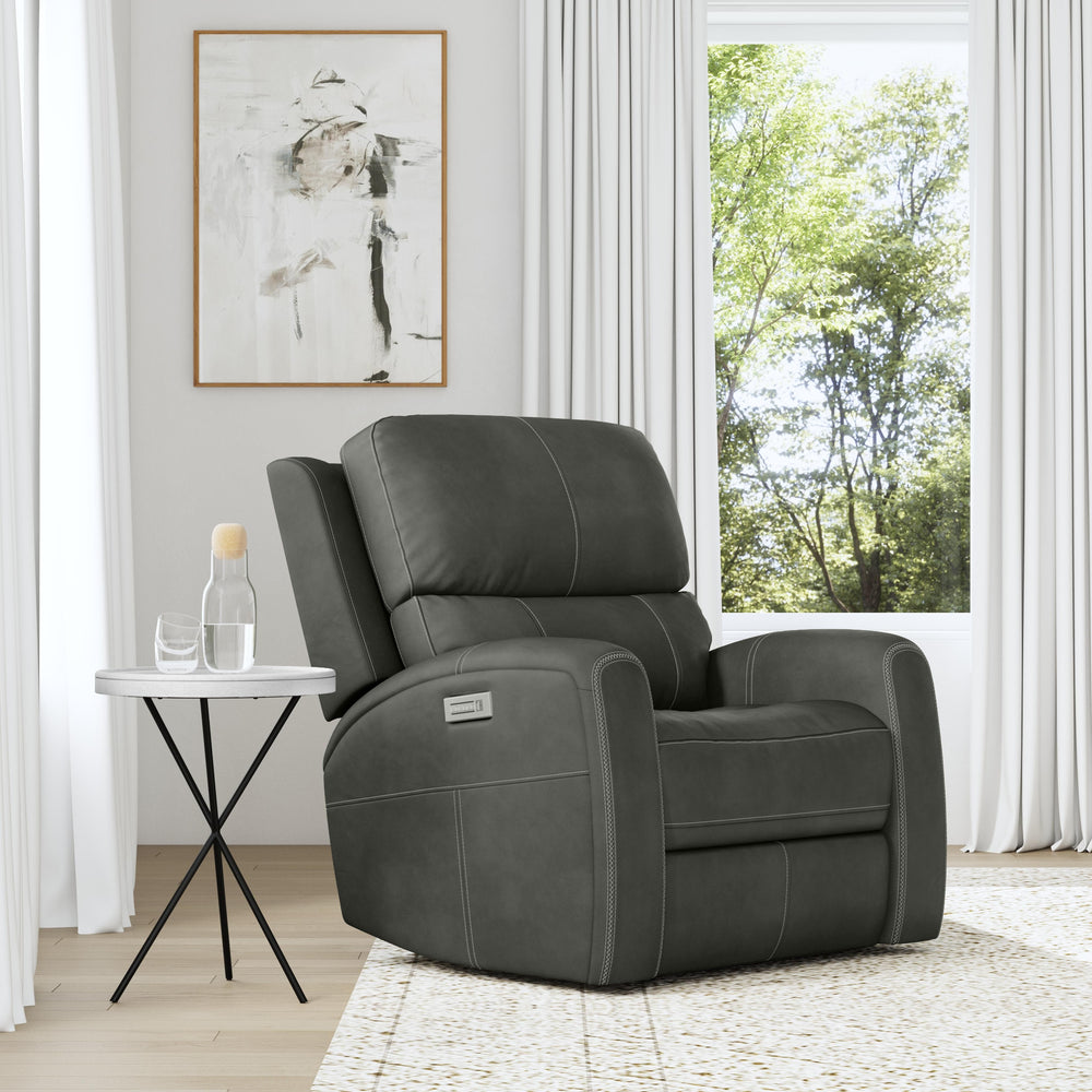 Linden Leather Power Recliner with Power Headrest & Lumbar in Charcoal