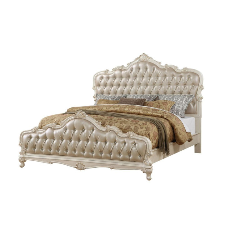 Chantelle - Eastern King Bed - Rose Gold Synthetic Leather & Pearl White