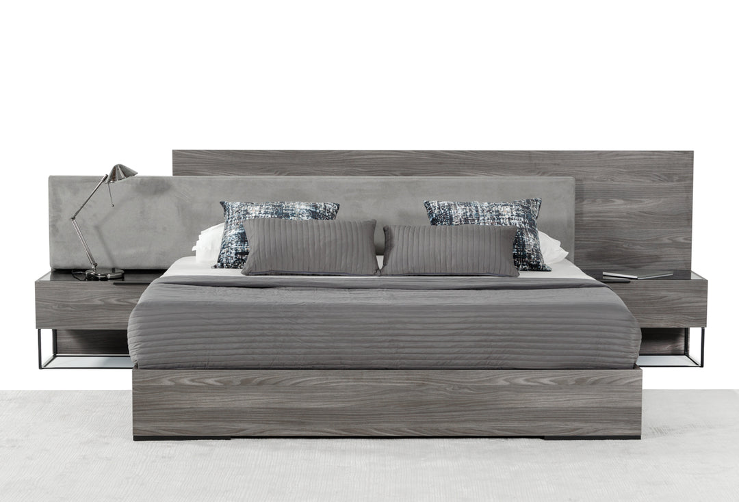 Enzo Italian Modern Grey Oak & Fabric Bed w/ Nightstands