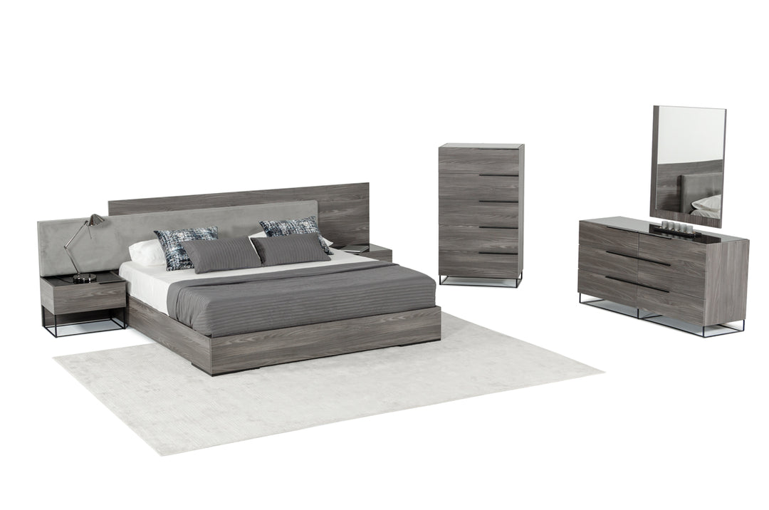 Enzo Italian Modern Grey Oak & Fabric Bed w/ Nightstands