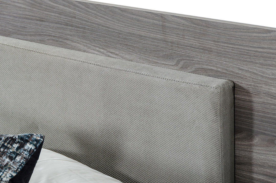 Enzo Italian Modern Grey Oak & Fabric Bed w/ Nightstands