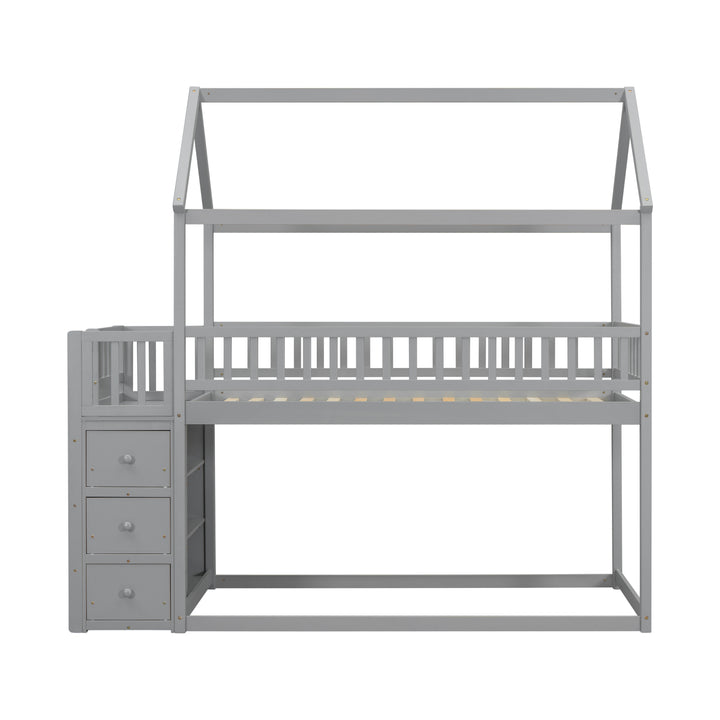 twin-twin-house-bunk-bed-with-shelves-and-drawers-grey-color