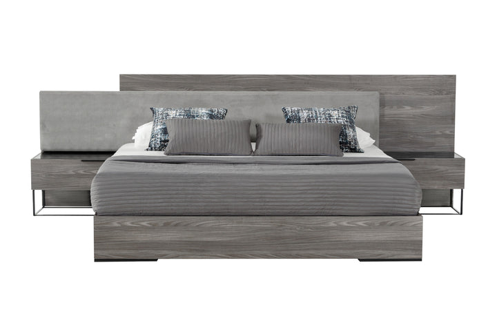 Enzo Italian Modern Grey Oak &amp; Fabric Bed w/ Nightstands