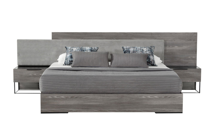 Enzo Italian Modern Grey Oak &amp; Fabric Bed w/ Nightstands
