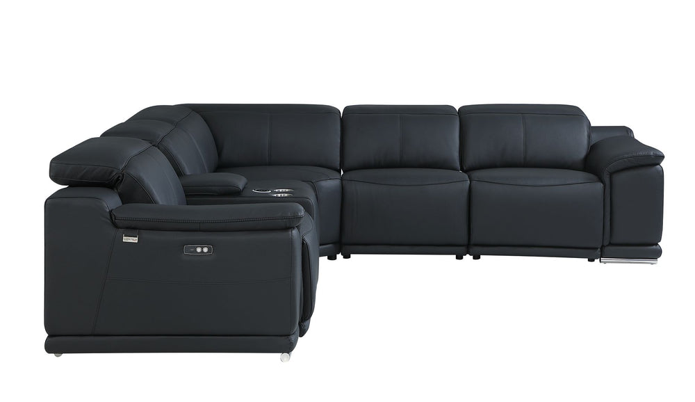 DivanItalia 9762 6-Piece L Shaped Top Grain Italian Leather Sectional Sofa with 3 Power Recliners - Black