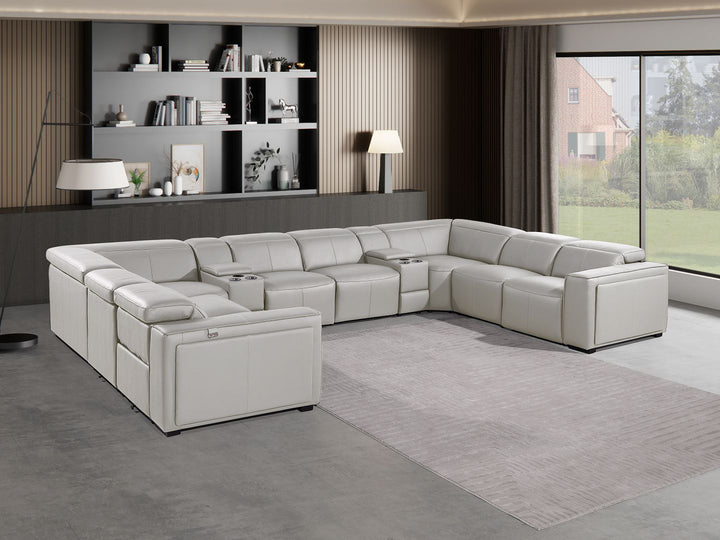 DivanItalia 1224 10-Piece U-Shaped Sectional Sofa in Top Grain Italian Leather with 4 Power Recliners &amp; Power Headrests - Light Gray