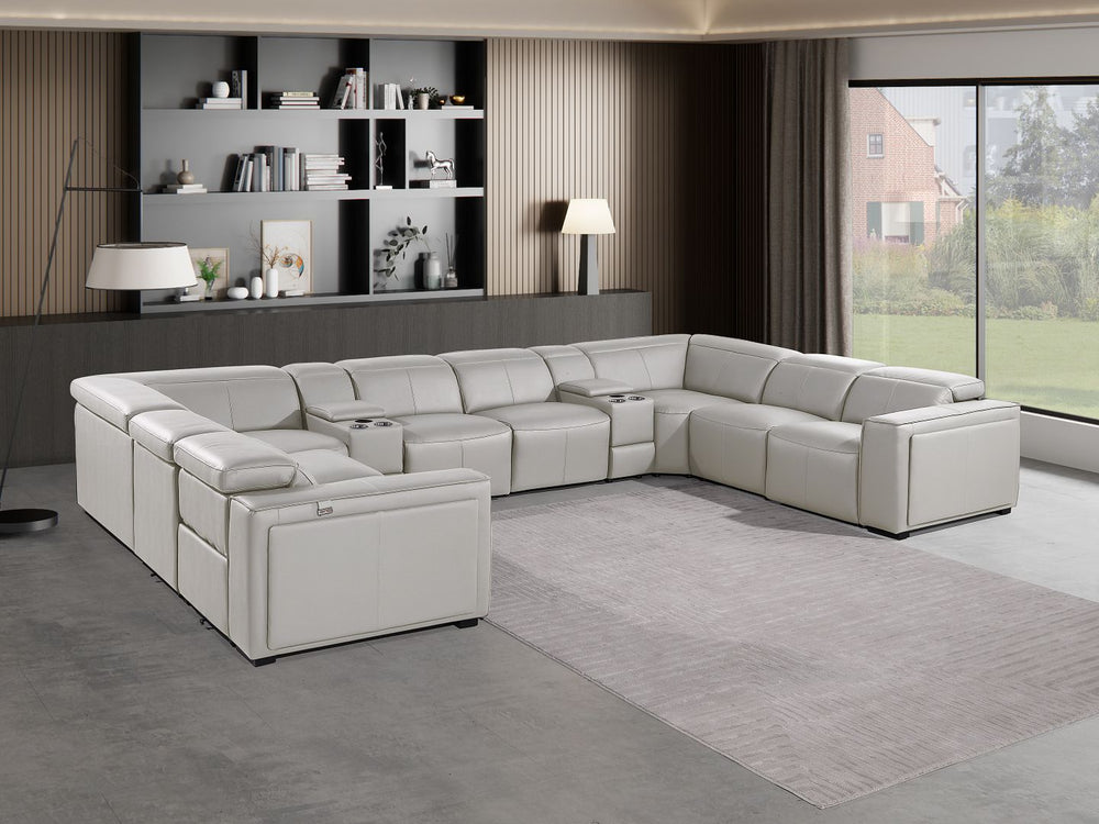 DivanItalia 1224 10-Piece U-Shaped Sectional Sofa in Top Grain Italian Leather with 4 Power Recliners & Power Headrests - Light Gray