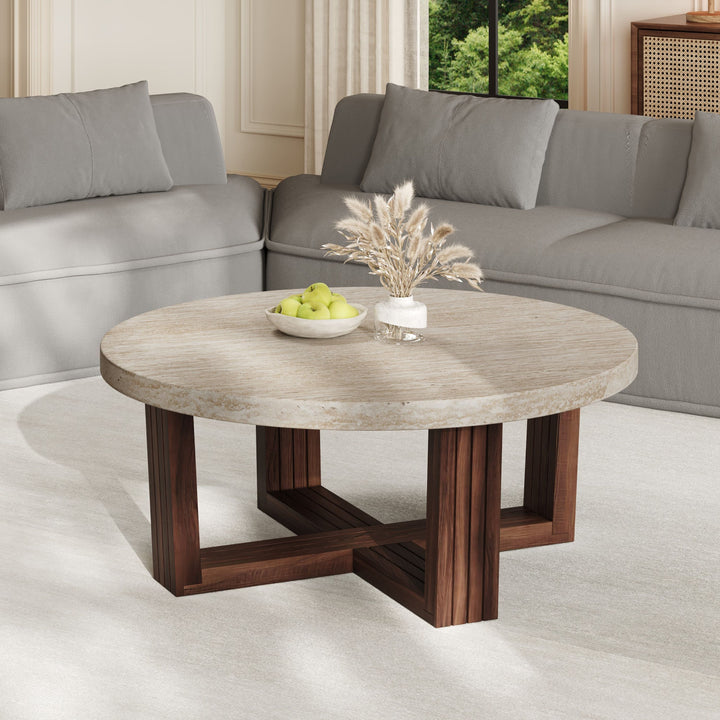 31.5" Round Marble-Look Coffee Table – Brown
