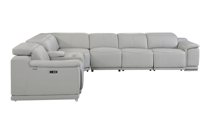 DivanItalia 9762 7-Piece L Shaped Top Grain Italian Leather Sectional Sofa with 3 Power Recliners - Light Gray