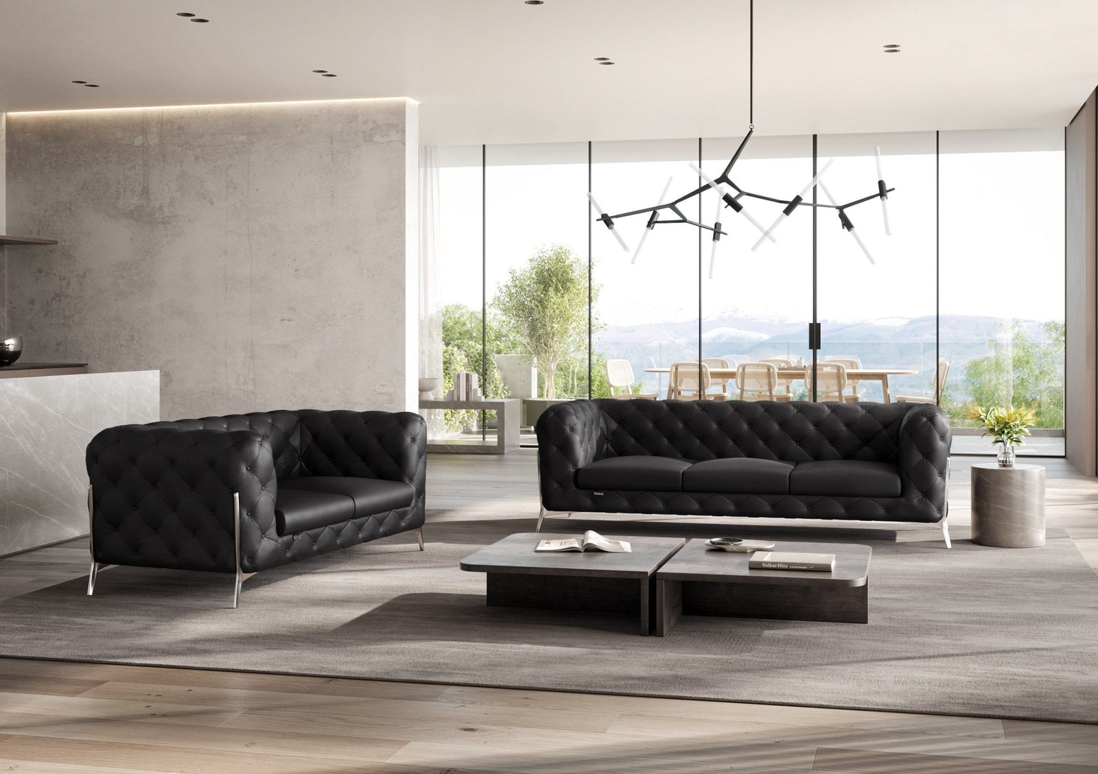 Global United Furniture DivanItalia 970 Italian Leather Black Sofa and Loveseat