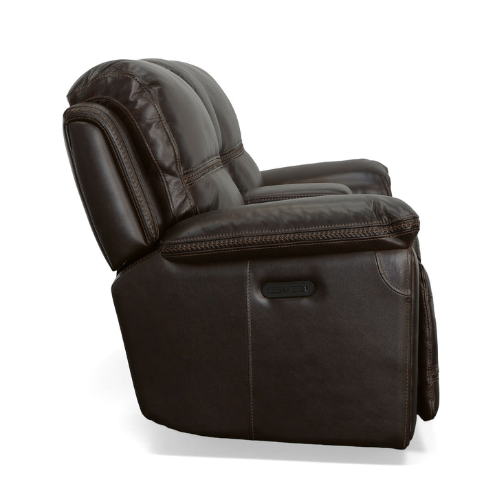 Fenwick Leather Power Reclining Loveseat with Console &amp; Power Headrests in Dark Chocolate