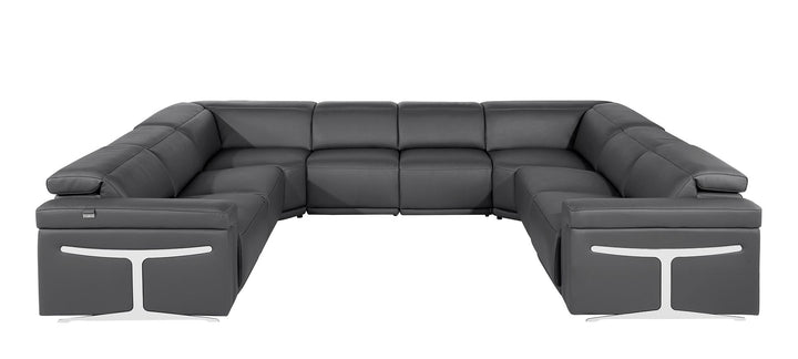 DivanItalia 1126 8-Piece U-Shaped Sectional Sofa in Top Grain Italian Leather with 4 Power Recliners &amp; Power Headrests – No Console - Dark Gray