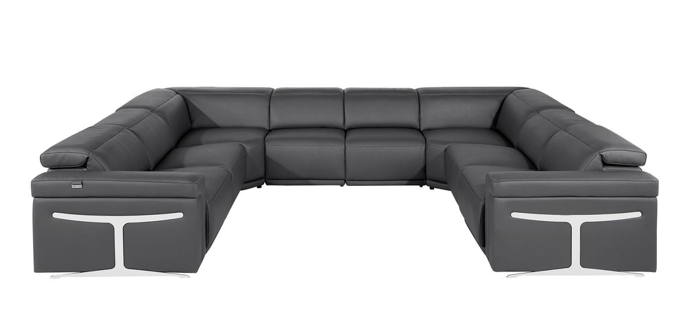 DivanItalia 1126 8-Piece U-Shaped Sectional Sofa in Top Grain Italian Leather with 4 Power Recliners & Power Headrests – No Console - Dark Gray