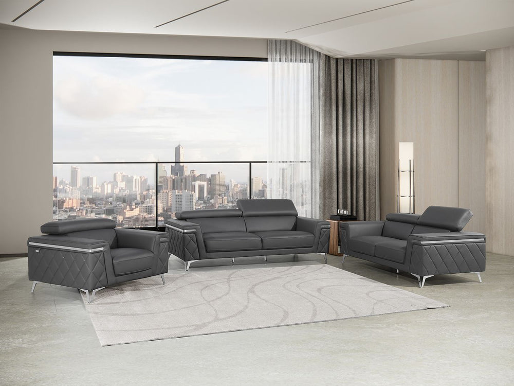 DivanItalia 1140 3-Piece Sofa Set with Adjustable Headrest in Top-Grain Italian Leather - Dark Gray