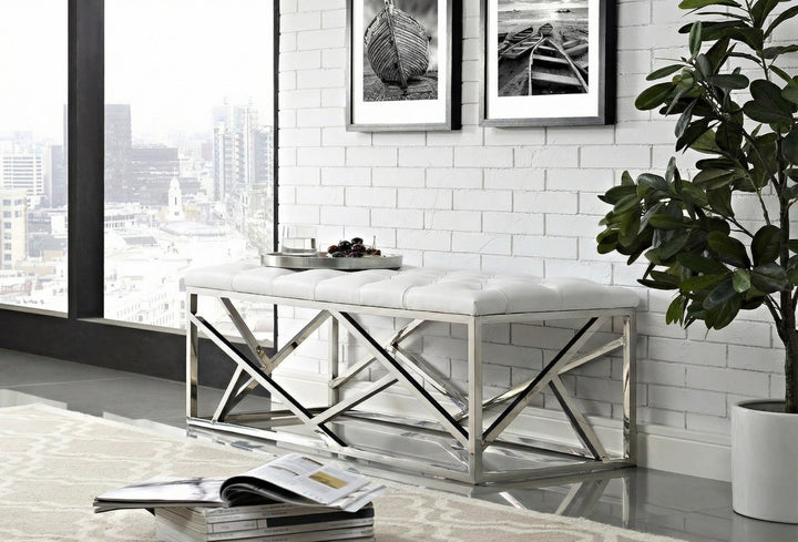 Lindsey Modern White Leatherette &amp; Stainless Steel Bench