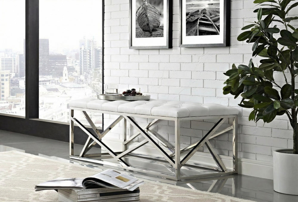 Lindsey Modern White Leatherette & Stainless Steel Bench - View 3