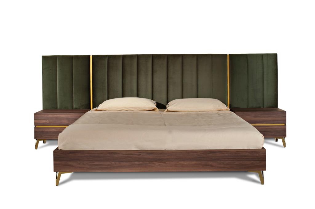 Eastern King Calabria Modern Walnut & Green Velvet Bed & Nightstands