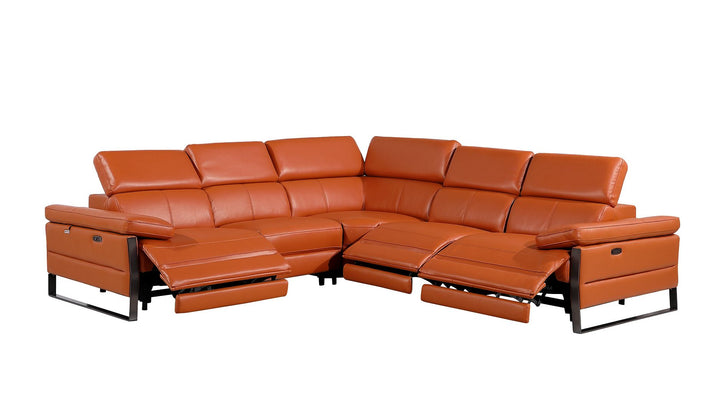 DivanItalia 1246 5-Piece L-Shaped Modular Power Reclining Sectional with Power Headrests – Top Grain Italian Leather - Camel