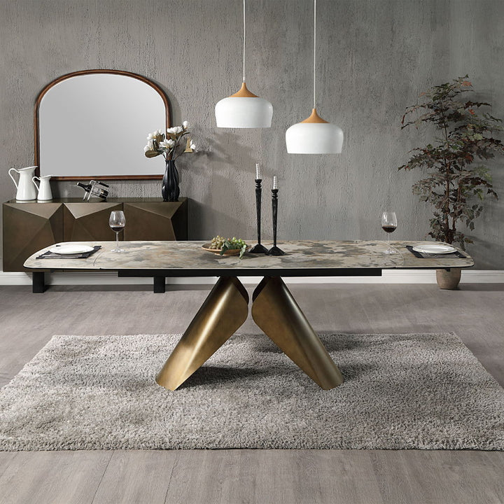 Malika - Ceramic Top Dining Table - Gray & Copper Cross Brushed