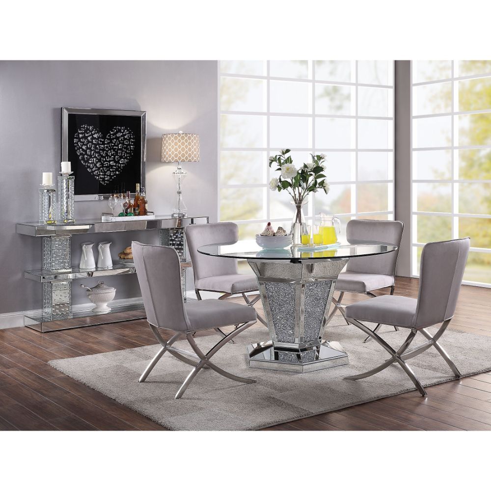 Noralie - Dining Table - Mirrored, Faux Diamonds & Clear Glass Top