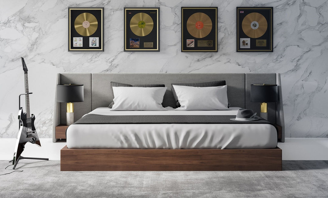 Janice  Modern Grey Fabric and Walnut Bed and Nightstands