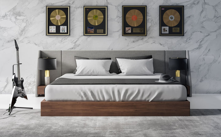 Janice  Modern Grey Fabric and Walnut Bed and Nightstands