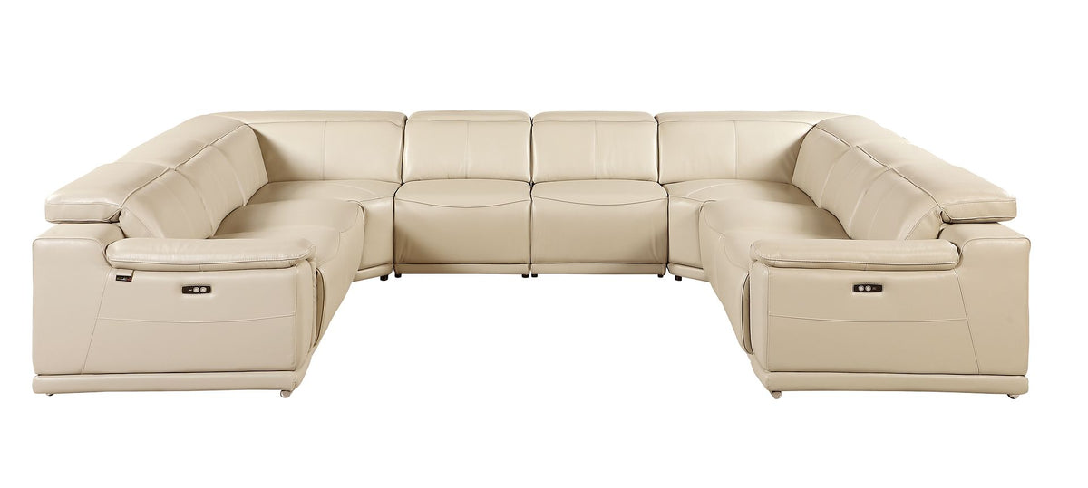 DivanItalia 9762 8-Piece U Shaped Top Grain Italian Leather Sectional Sofa with 4 Power Recliners – No Console - Beige