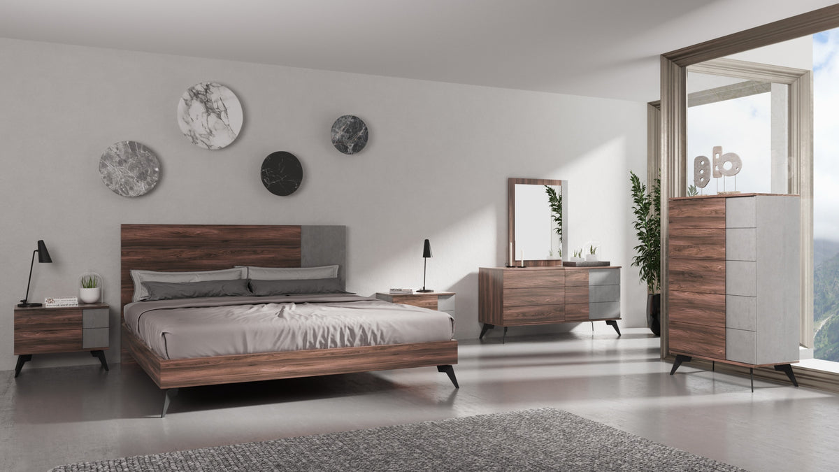 Eastern King Palermo - Italian Modern Faux Concrete & Noce Bodrum 4-Piece Bedroom Set