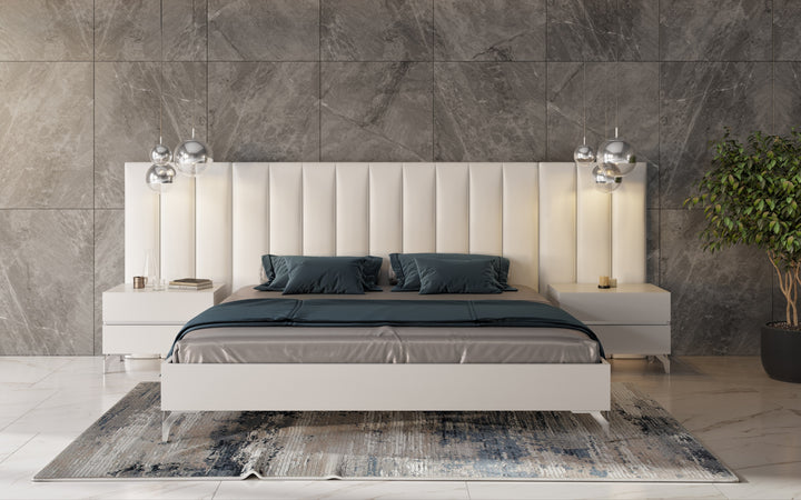 Angela - Italian Modern White Eco Leather Bed w/ Nightstands and Wings