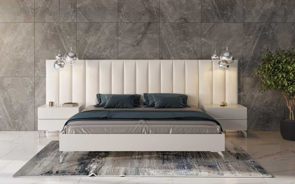 Angela - Italian Modern White Eco Leather Bed w/ Nightstands and Wings