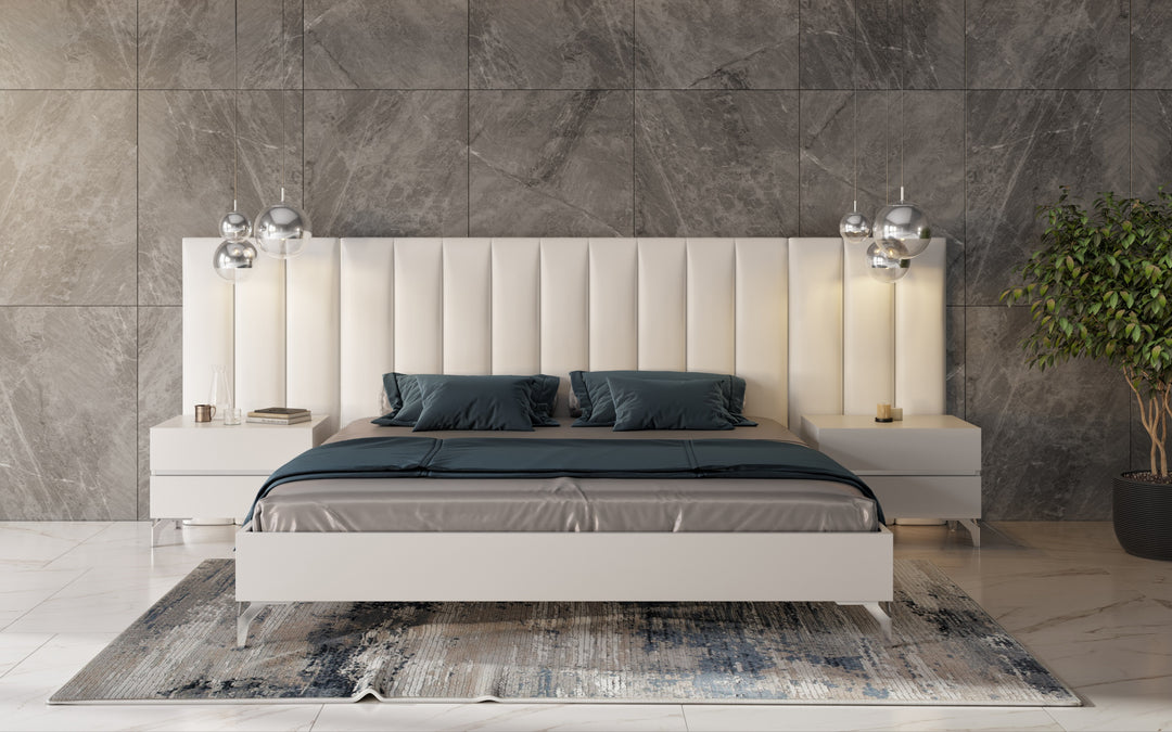 Angela - Italian Modern White Eco Leather Bed w/ Nightstands and Wings