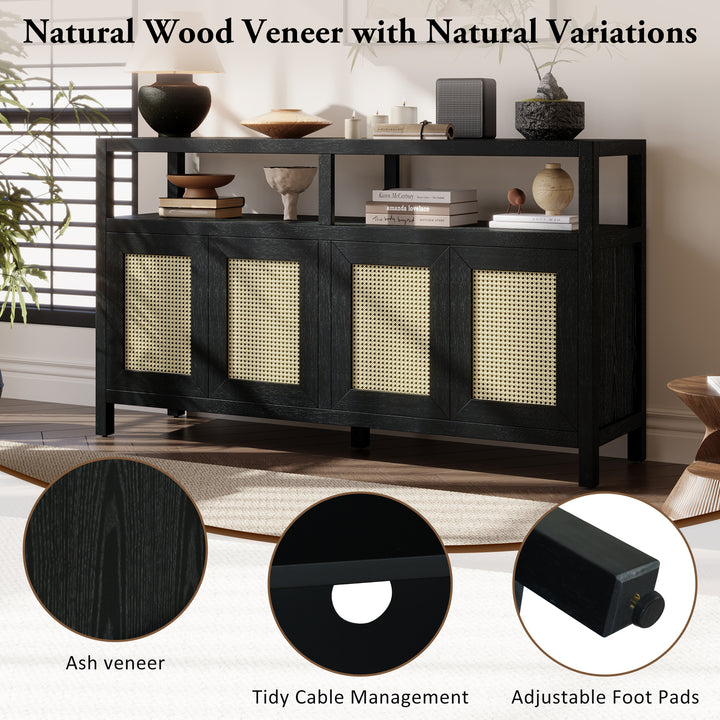 bohemian-style-rattan-sideboard-or-buffet-storage-cabinet-with-solid-wood-frame-black