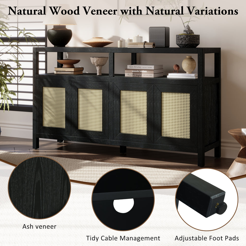 bohemian-style-rattan-sideboard-or-buffet-storage-cabinet-with-solid-wood-frame-black
