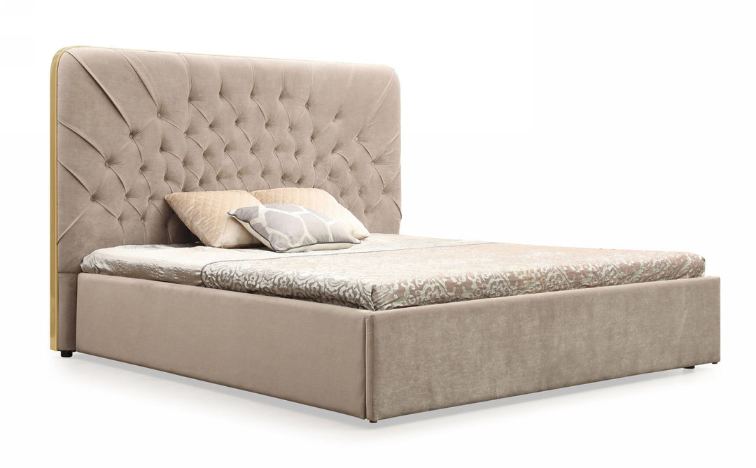 Moontide  Eastern King Glam Beige Velvet and Brushed Brass Bed