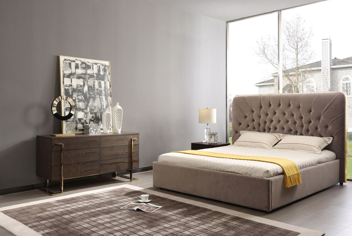 Moontide - Eastern King Glam Beige Velvet and Brushed Brass Bed