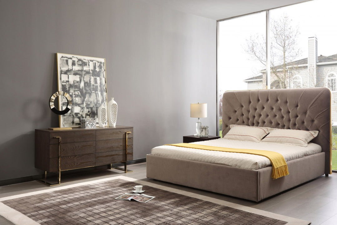 Moontide - Glam Beige Velvet and Brushed Brass 4-Piece Bedroom Set