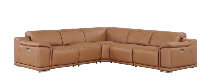 DivanItalia 9762 5-Piece L Shaped Top Grain Italian Leather Sectional Sofa with 3 Power Recliners - Cognac