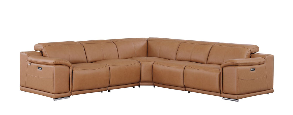 DivanItalia 9762 5-Piece L Shaped Top Grain Italian Leather Sectional Sofa with 3 Power Recliners - Cognac