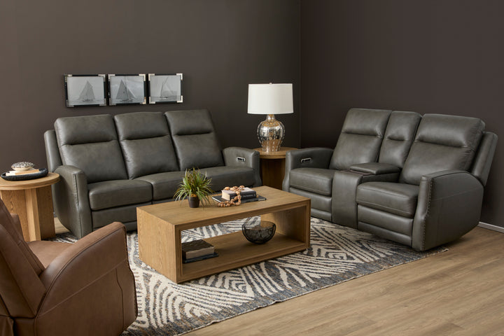 Maxwell Leather Power Reclining Loveseat with Console, Power Headrests and Lumbar in Cinder