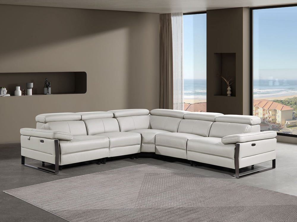 DivanItalia 1246 5-Piece L-Shaped Modular Power Reclining Sectional with Power Headrests – Top Grain Italian Leather - Light Gray