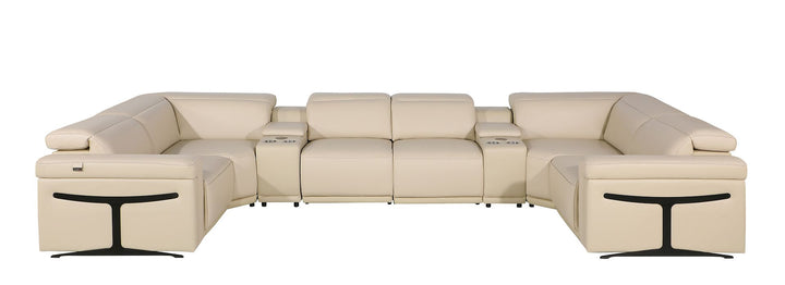 DivanItalia 1126 8-Piece U-Shaped Sectional Sofa in Top Grain Italian Leather with 4 Power Recliners &amp; Power Headrests – with Console - Beige
