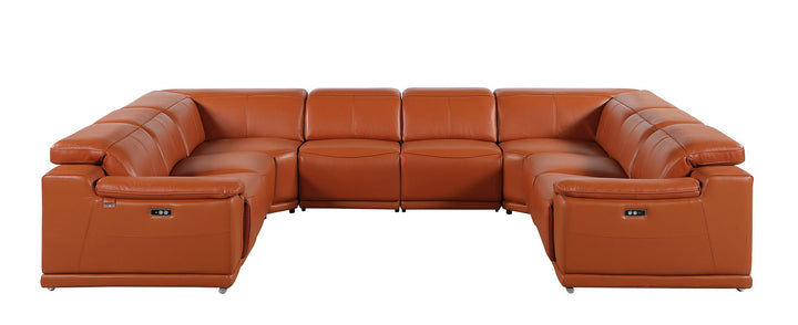 DivanItalia 9762 8-Piece U Shaped Top Grain Italian Leather Sectional Sofa with 4 Power Recliners – with Console - Camel
