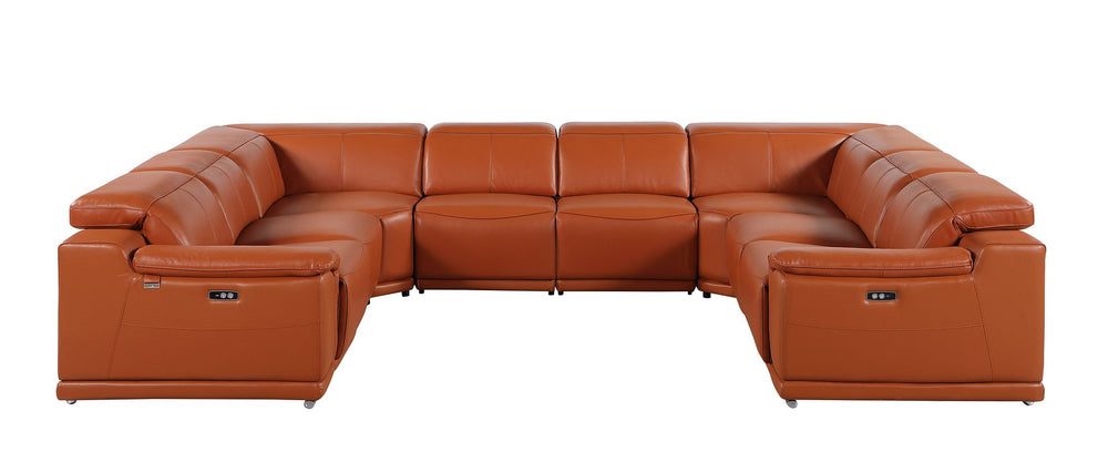 DivanItalia 9762 8-Piece U Shaped Top Grain Italian Leather Sectional Sofa with 4 Power Recliners – with Console - Camel