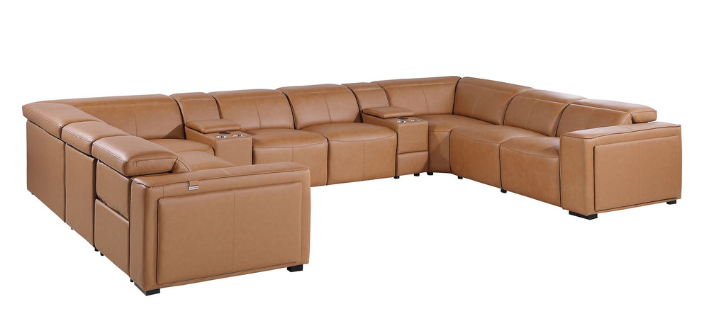 DivanItalia 1224 10-Piece U-Shaped Sectional Sofa in Top Grain Italian Leather with 4 Power Recliners & Power Headrests - Cognac