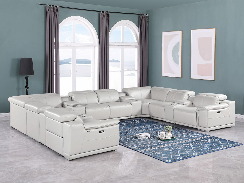 DivanItalia 9762 12-Piece U Shaped Top Grain Italian Leather Sectional Sofa with 4 Power Recliners - Light Gray
