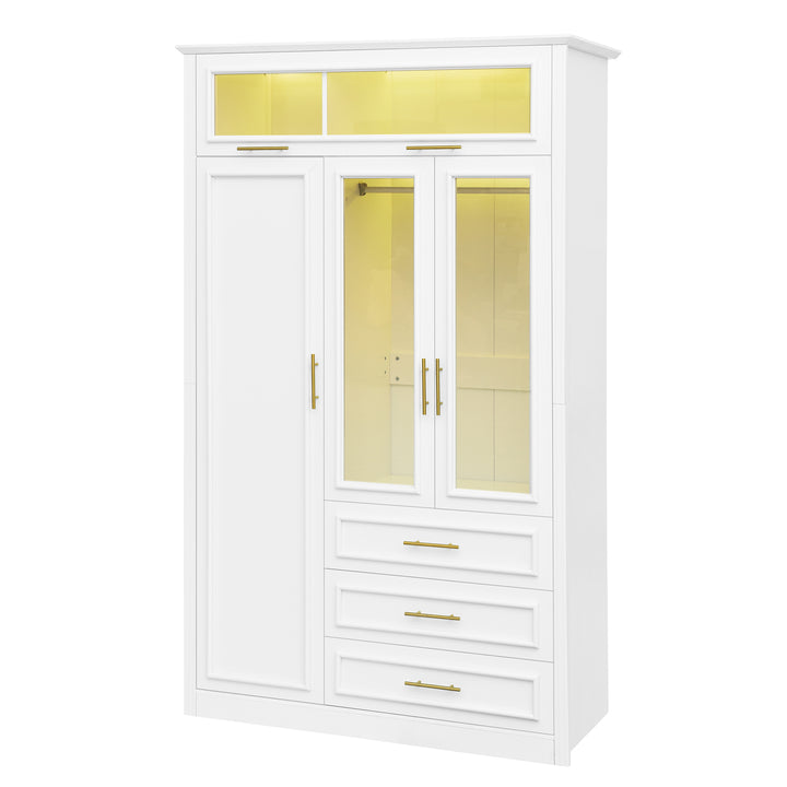 Wardrobe with glass doors, drawers, and hanging storage