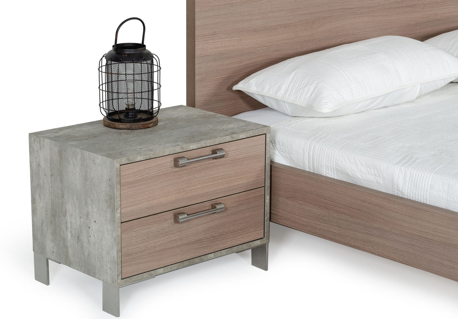Boston - Modern Brown Oak  and  Brushed Stainless Steel Nightstand